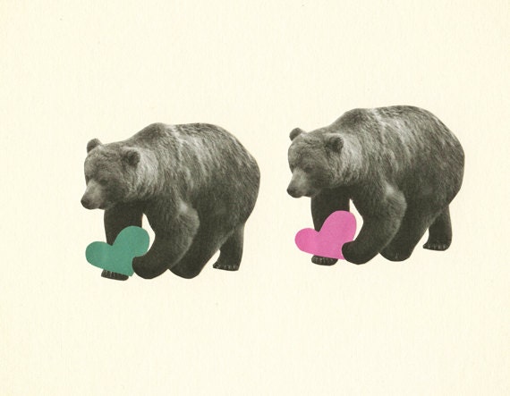 A Bear Romance - Animal art, teal, pink, retro print, love heart, romantic art, nursery decor, childrens art 7x9 collage paper print