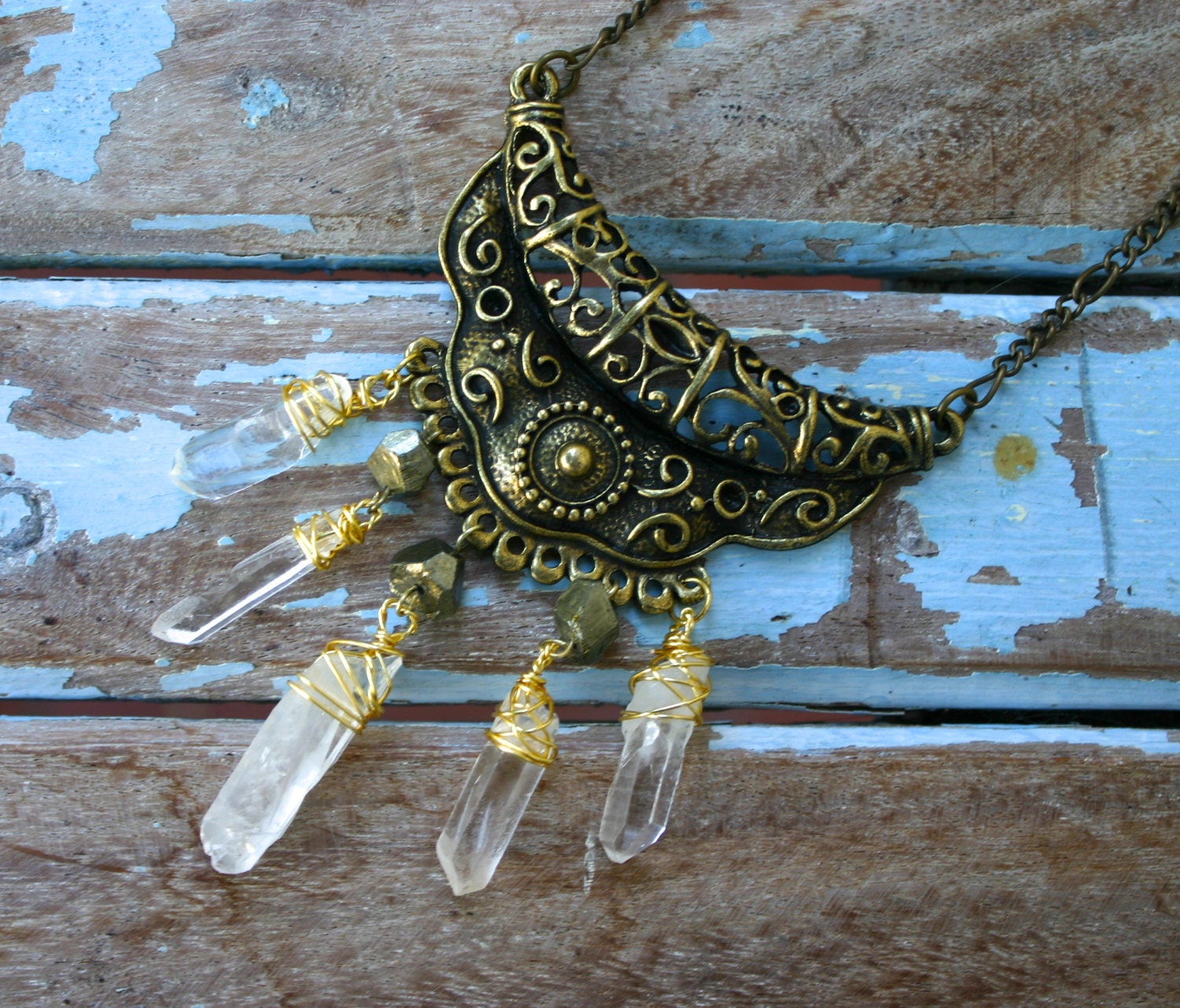 Quartz Point and Pyrite Brass Plate Necklace - Azteca