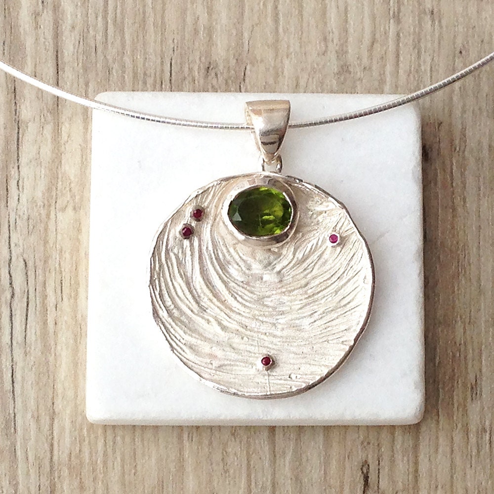 Olive Green Peridot and Scarlet Red Ruby Necklace, Sterling Silver Big Pendant with Omega Chain, August Birthstone, Santorini Fine Jewelry