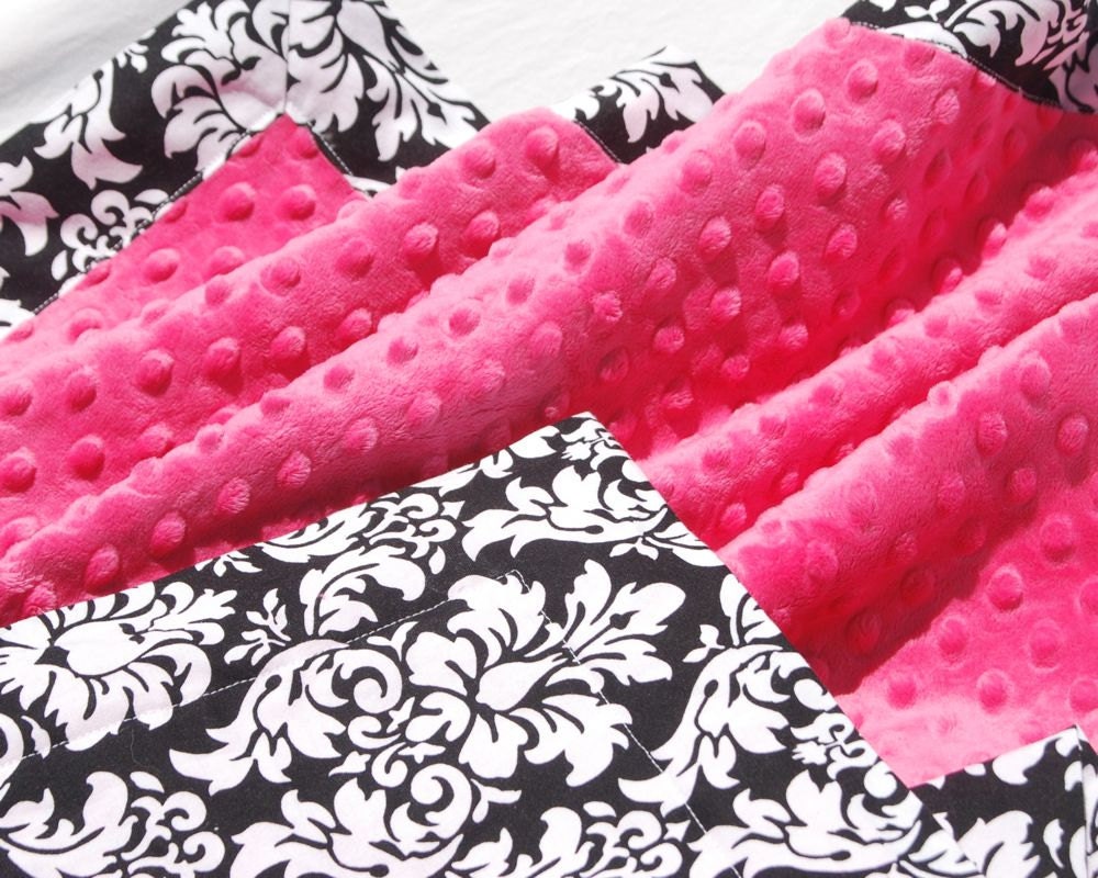 Pink Minky Baby Girl Blanket -  Michael Miller Black Dandy Damask with Fuchsia Pink Minky for your Baby Girl - Ready to Ship