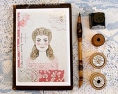 Art Postcard Print,embroidered art,sewing,vintage,woman,blank card,envelope,lace,pinks