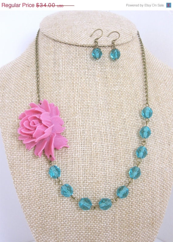SALE Flower Necklace Pink Necklace Teal Necklace Pink and Teal Jewelry Statement Necklace