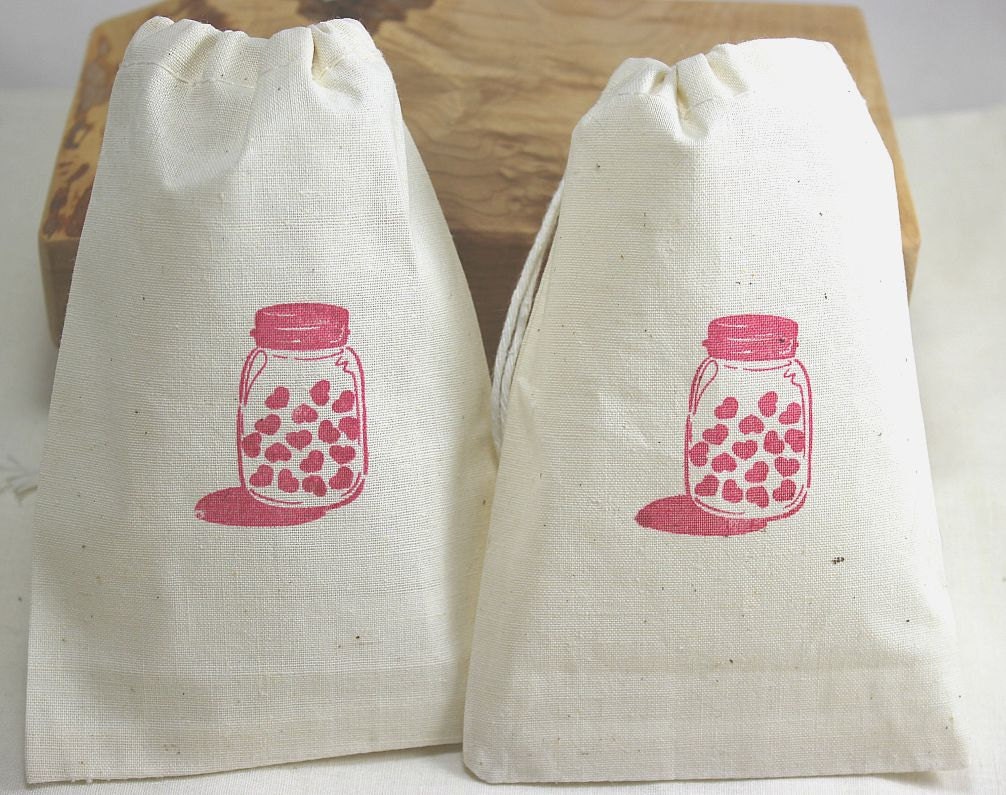10 Valentines Day Hearts in a Mason Jar - Organic Muslin Cotton Gift Bags 4x6 in Red Il_170x135