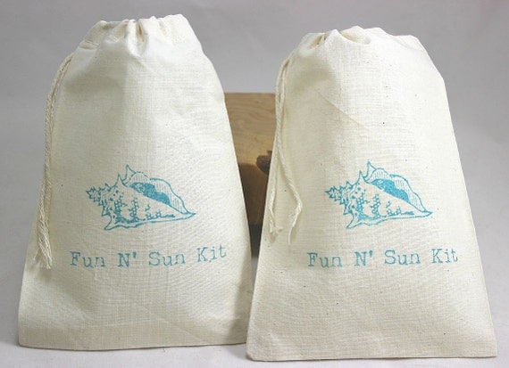 10 Beach Conch Shell / Fun n' sun kit - Organic Cotton Drawstring Bags - Great for Bachelorette or Bachelor Parties 5x7 Il_570xn