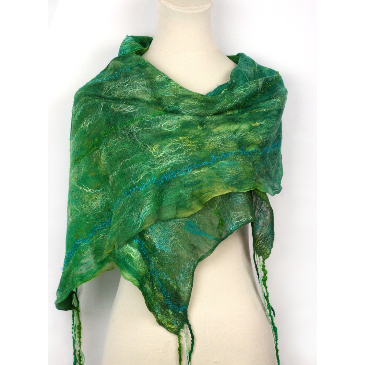 Nuno Felted Hand Dyed Silk Scarf  -  Green, Emerald, Aqua, Teal, Yellow