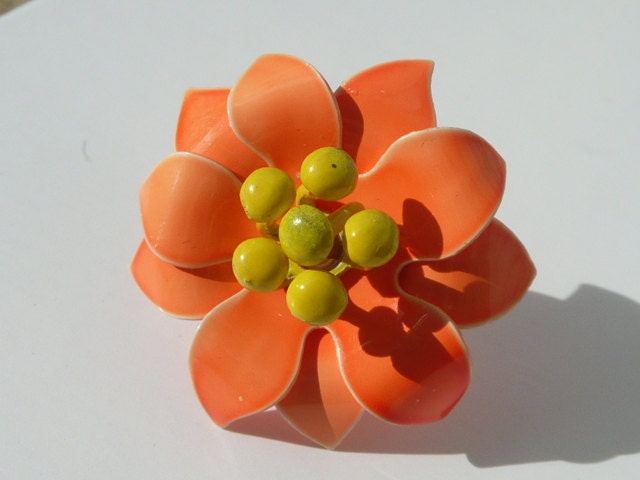 Gloria statement ring - adjustable cocktail ring - orange and yellow enameled flower - eco friendly repurposed vintage