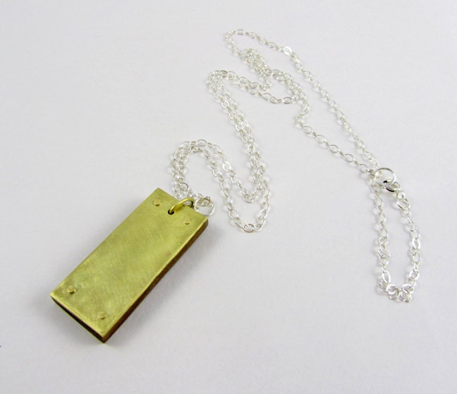Pendant Necklace with Brass and Walnut on Silver Chain Free shipping