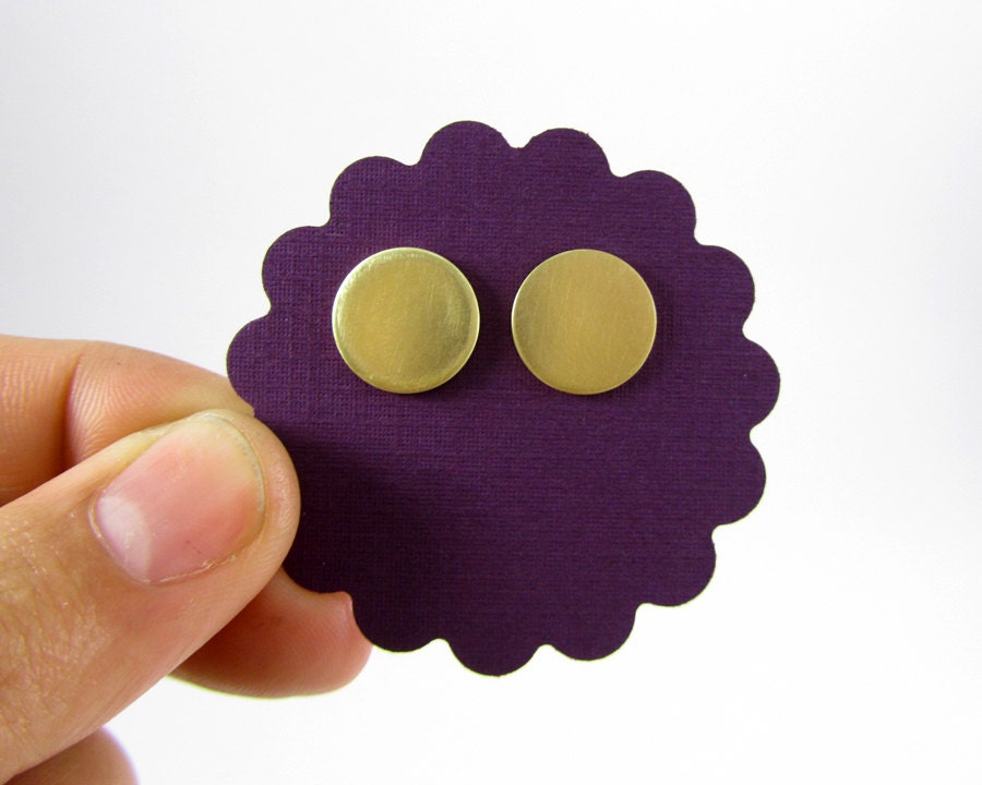 Brass Circle Stud Earrings with sterling silver posts Free Shipping