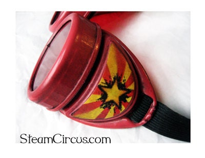Red Steampunk Circus Goggles - Cup Style - "Grungy" - Many Lens Colors Available - FREE DOMESTIC SHIPPING