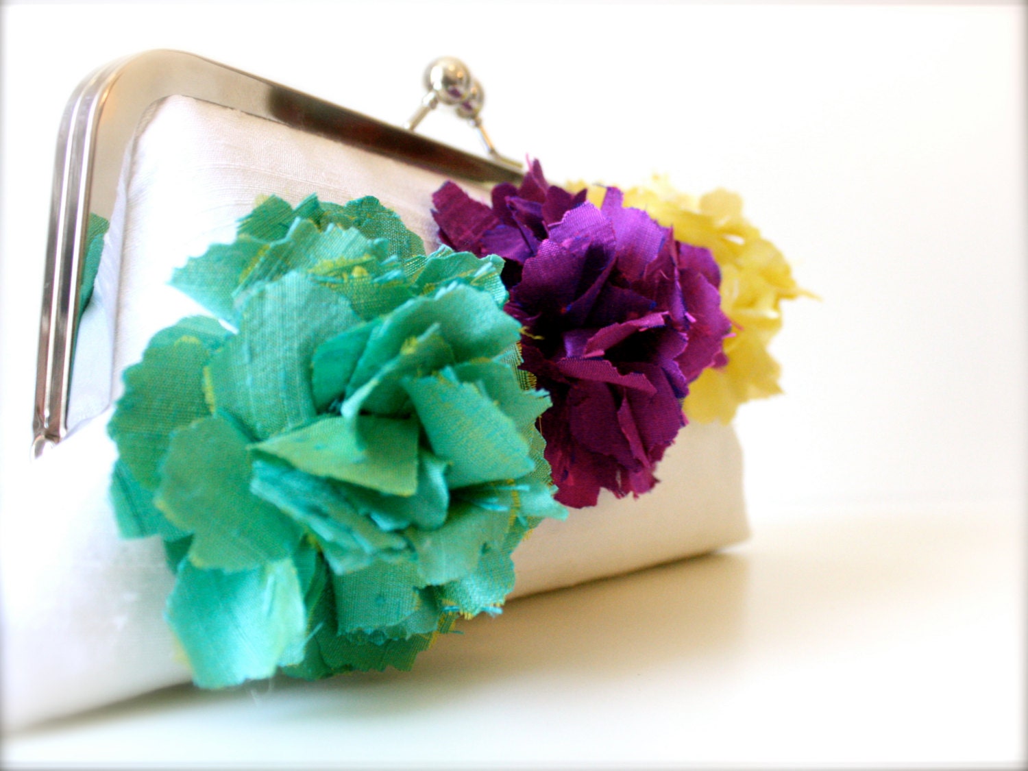Spring Colorful Floral Wedding Clutch in Light Emerald Green, Phlox Purple, and Daffodil Yellow- Made to Order