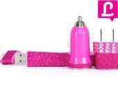 iPhone 4/4s Charger - Glamrock Hot Pink Bejewelled Bling Glitter iPhone Charger w/ Flat iPhone Cable