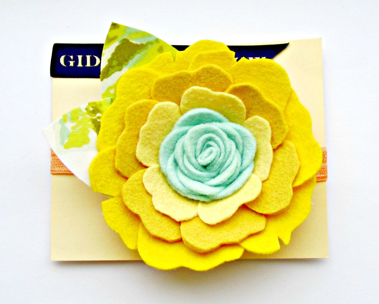 Felt Flower Headband - Peony in yellow and mint with vintage fabric leaves