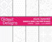 Digital Paper Pack: Damasks & Swirls - Pale Grey on White