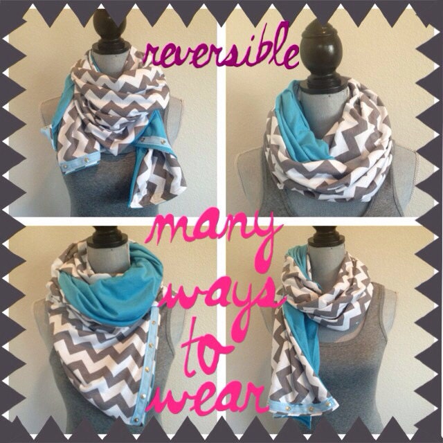 Reversible grey/white chevron and cerulean jersey snap scarf