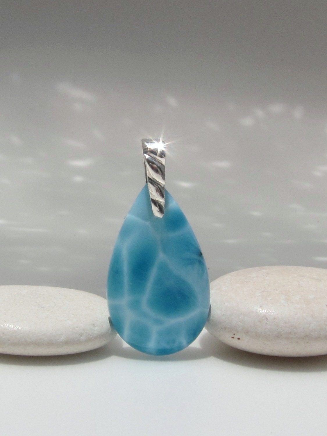 Larimar turtleback pendant, Mermaid Charm - beautiful translucent sea blue Larimar teardrop