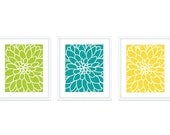 Dahlia Flower No.2  Digital Print Set - Art Wall - Modern Home Decor - Green Tender Shoots Teal Yellow - Bright Spring Summer Colors
