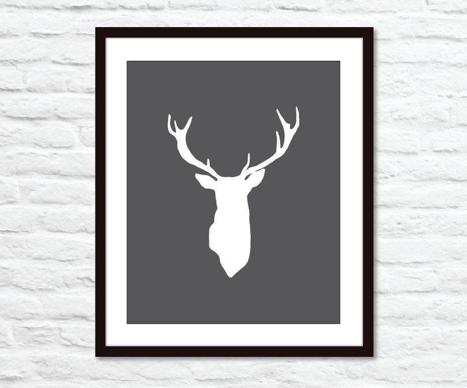 Deer Antlers Stag Digital Print Modern Home Decor Woodland Creature - Charcoal Dark Grey - Bold - Dudes - Affordable Wall Art