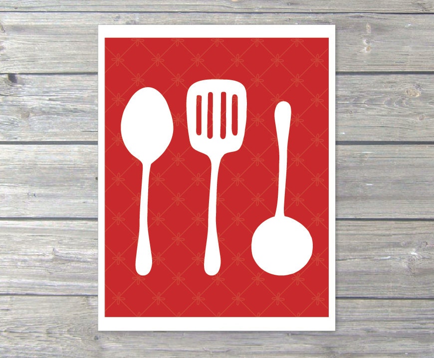 Kitchen Utensils  - Digital Print - Cooking Spoon Spatula - Poppy Red - Wall Art Print -  Under 20 Mothers day