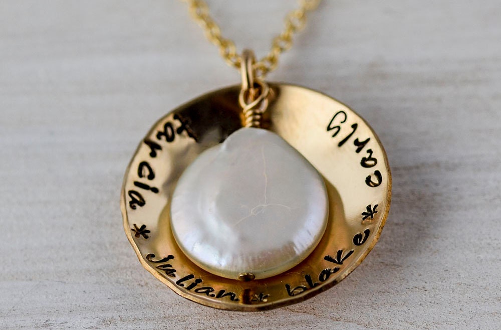 Hand Stamped Layered Coin Pearl Personalized Necklace Gold Filled