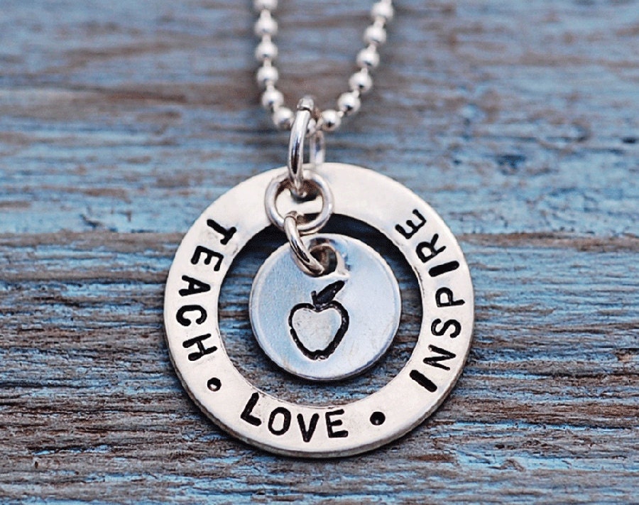 Teacher Inspire Apple Hand Stamped Necklace Washer-  Personalized Pendant Washer  Necklace in Sterling Silver