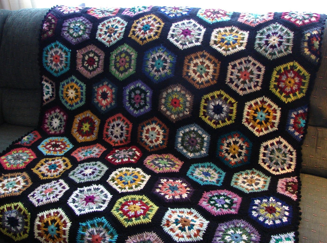 Handmade Crochet Multi-Colored Kaleidoscope Afghan With Black Edging 48 x 68 FREE SHIPPING
