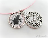 Alice in Wonderland pink clock necklace, fairytale jewelry, teen girl accessories
