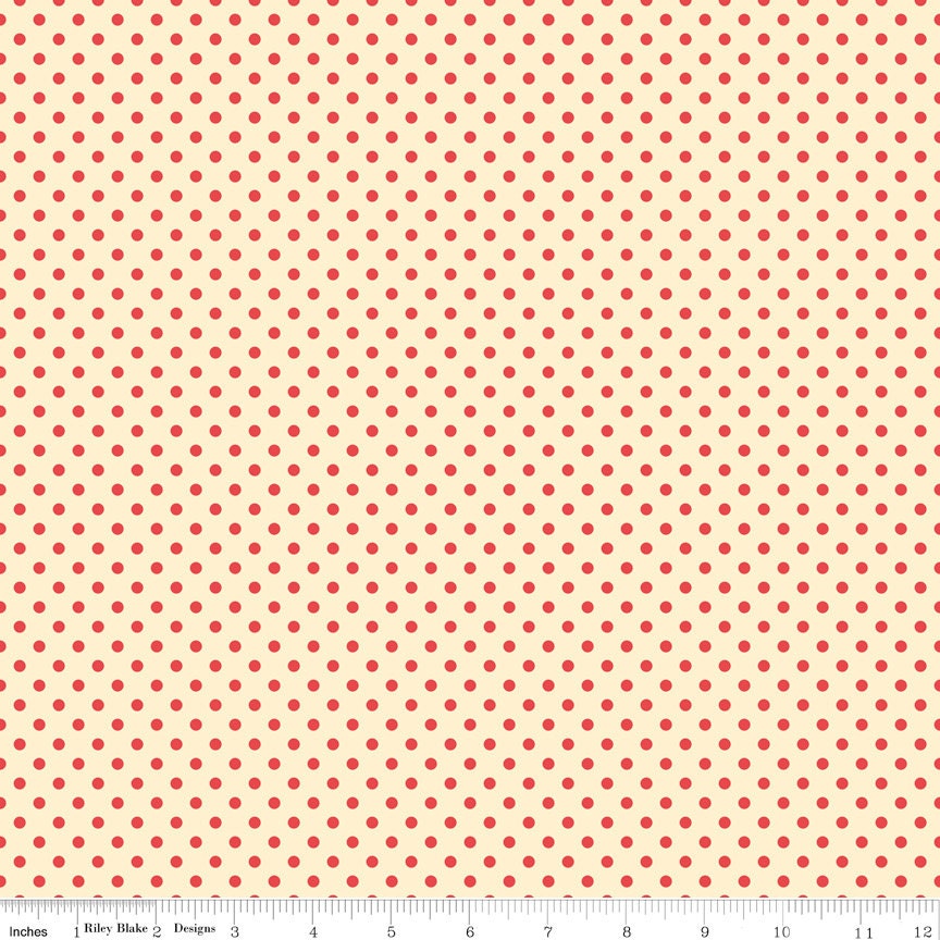 Cream and Red Polka Dot Fabric, Seaside by October Afternoon for Riley Blake, Dot Print in Red, 1 Yard