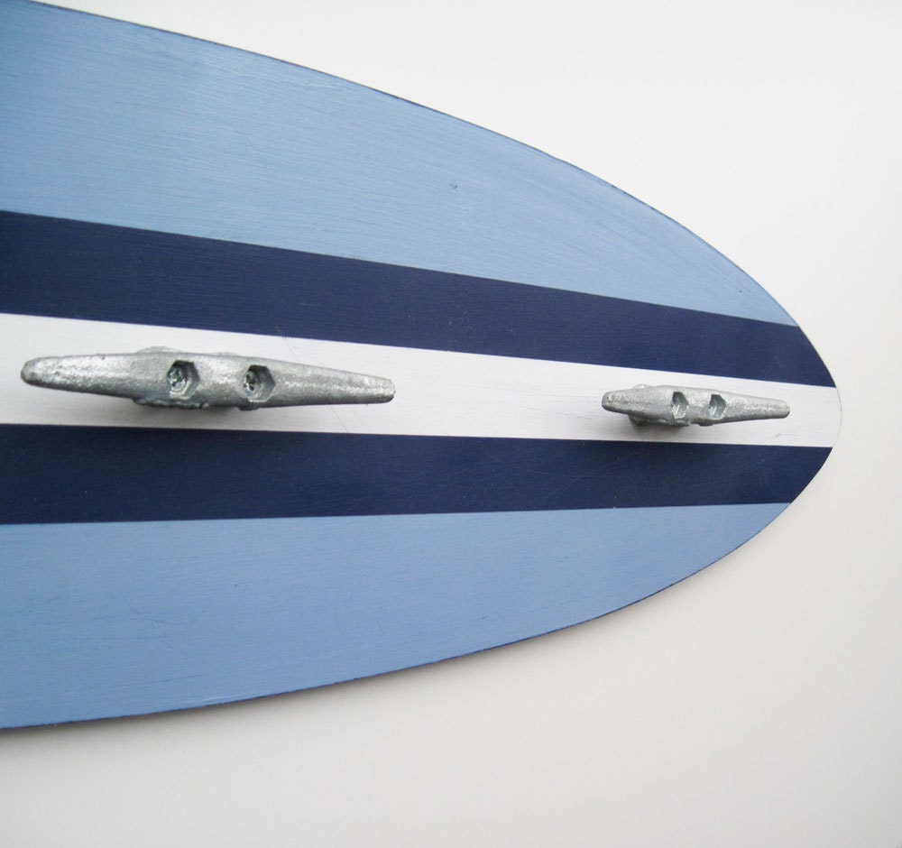 Surfboard Coat Rack in Marina Blue, Navy and White Three Boat Cleats 3 Feet Long
