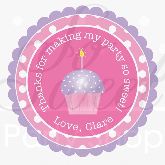 24 Girls Birthday Stickers - Polkadots Pink, Lavender with Cupcakes - Birthday Party Decorations Il_570xn