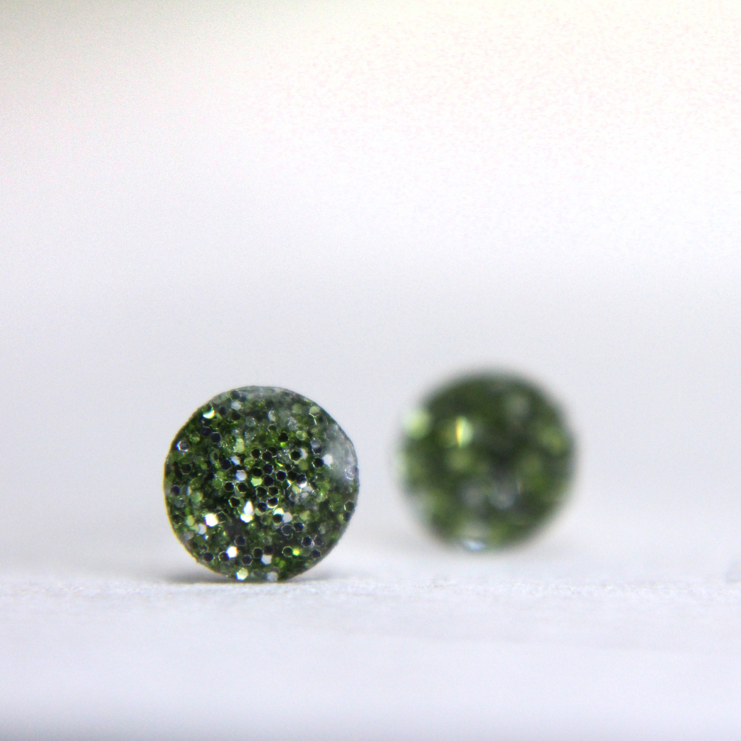 super tiny circle post earrings in sparkly sage green-  green glitter earrings jewelry