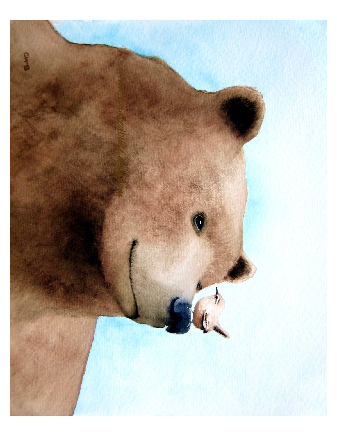 Watercolor Painting Bear and Wren 8x10 inch Signed Fine Art Print - We See Eye to Eye - brown bear and bird, brown and blue nursery art