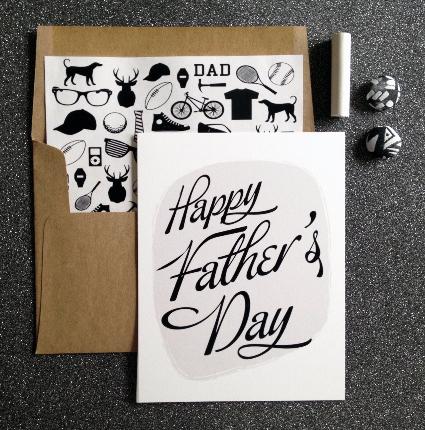 Classic black and white Father's Day Card- white folded A2 greeting card with lined kraft brown envelope included