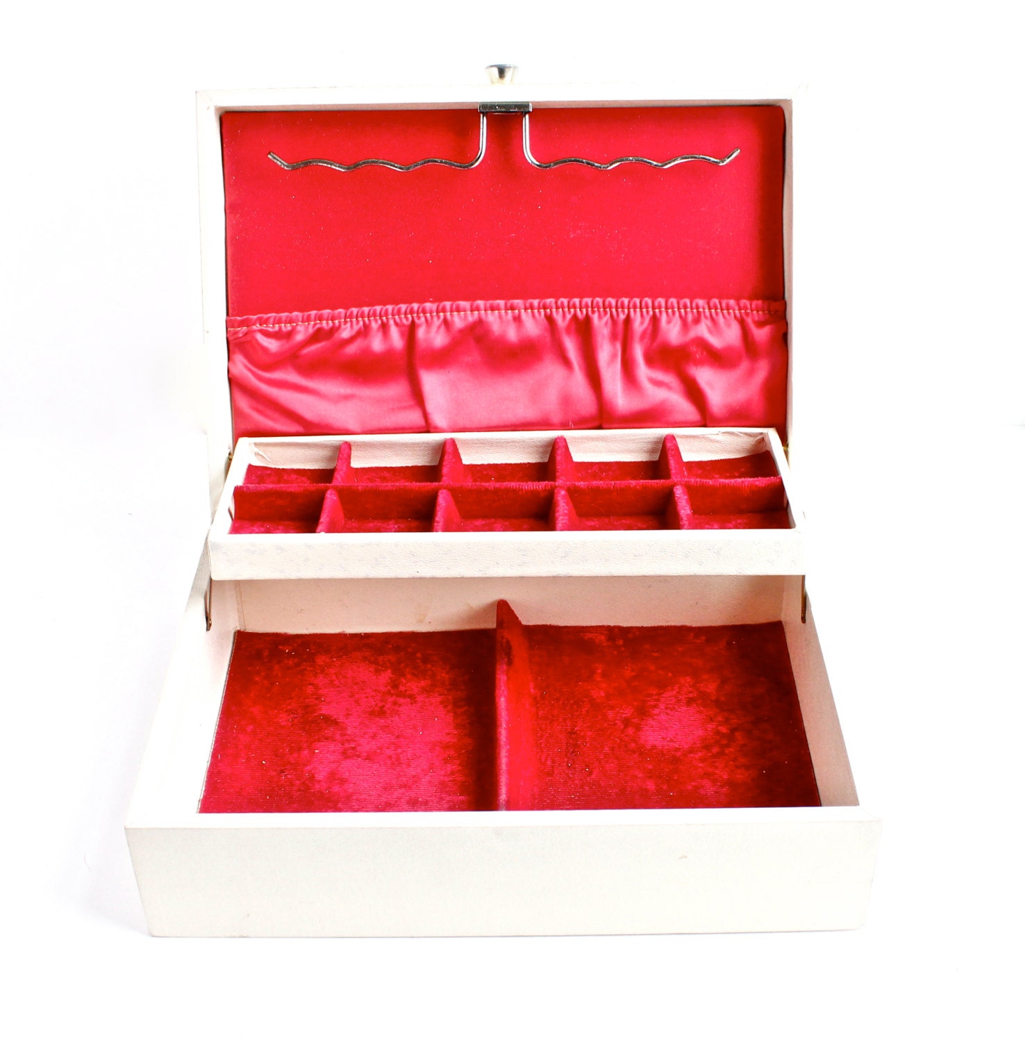 Vintage Red Lined Jewelry Box - 1950s Off White Filigree Organizer / Mid Century Treasure Chest