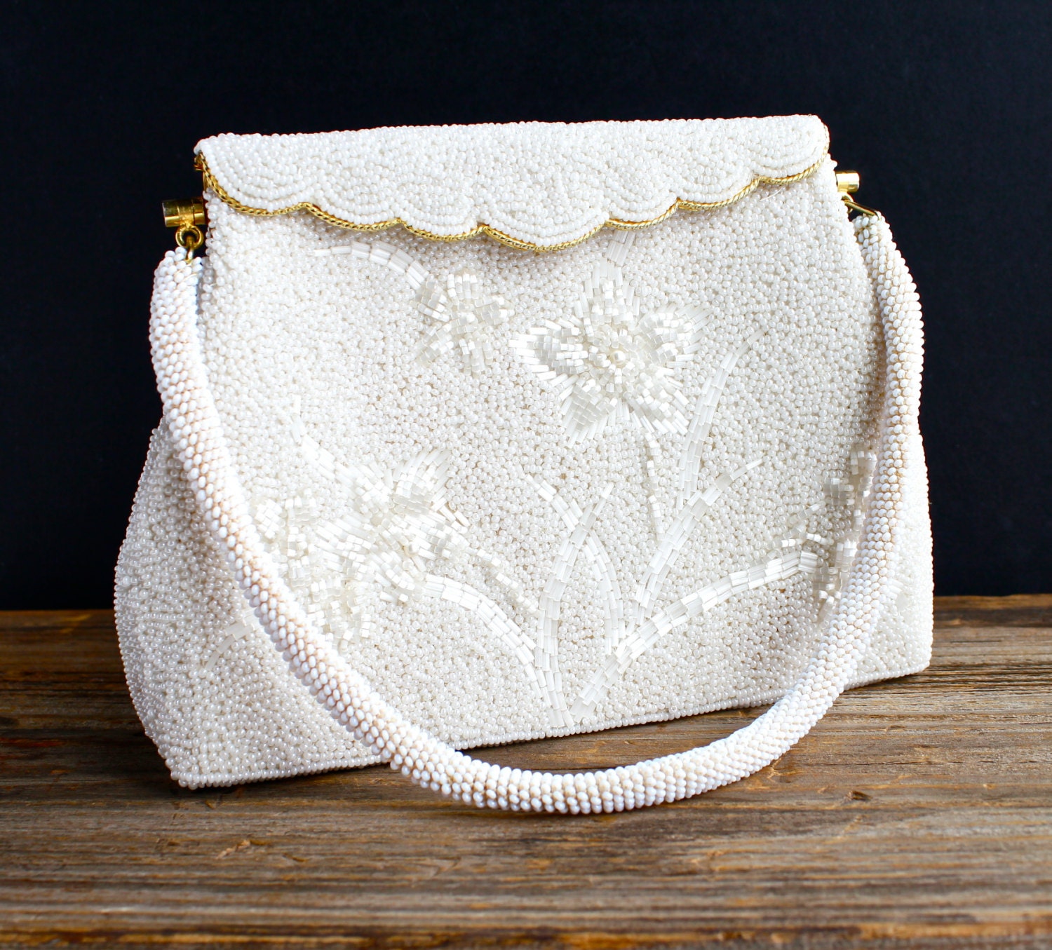 SALE - Vintage White Microbeaded Purse - 1960s White Glass Bead Elegant Bridal Bag / White Spring Garden
