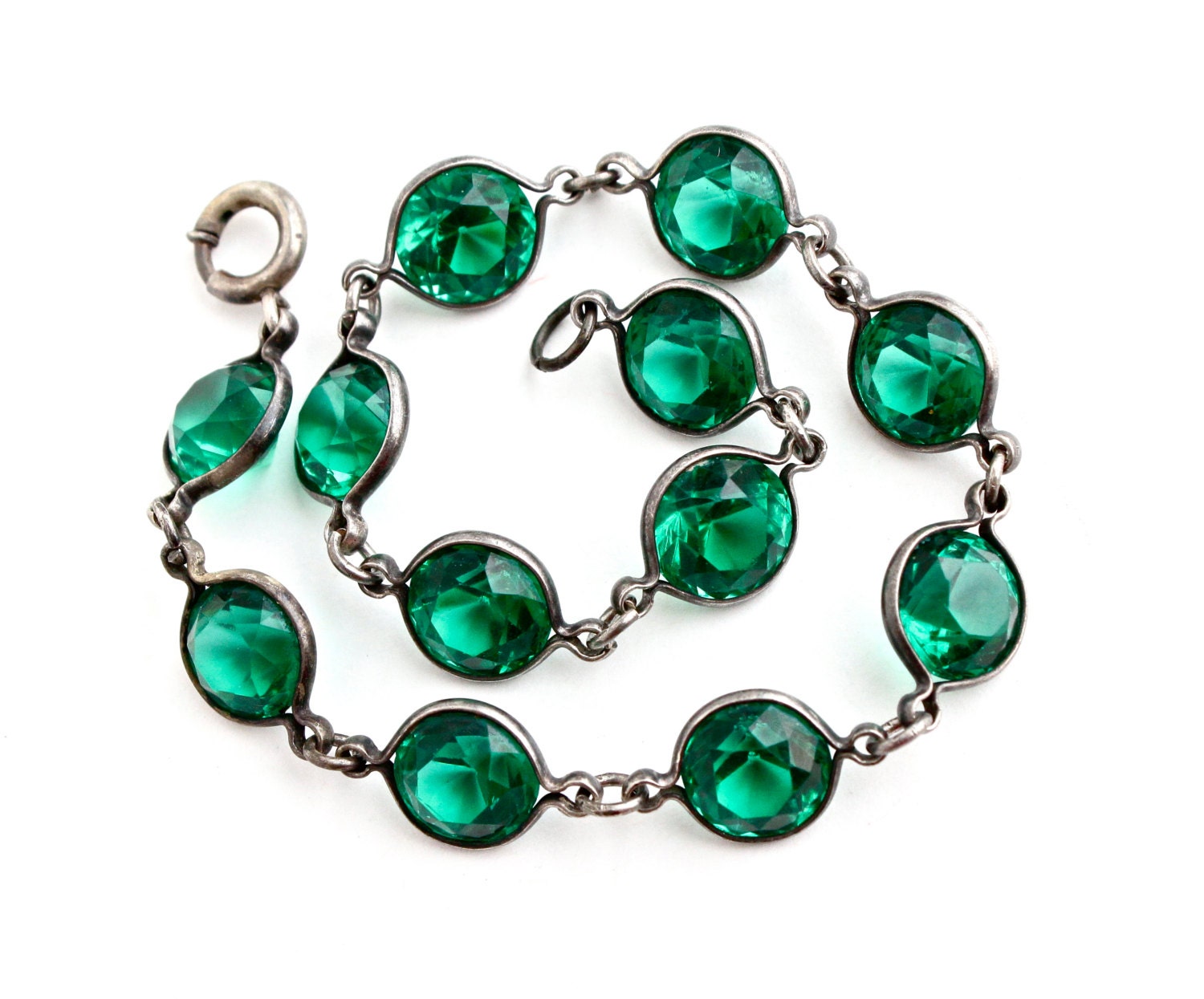 Antique Art Deco Great Gatsby Bracelet - 1920s 1930s Green Glass Stone Costume Jewelry / Pyramid Emerald Green