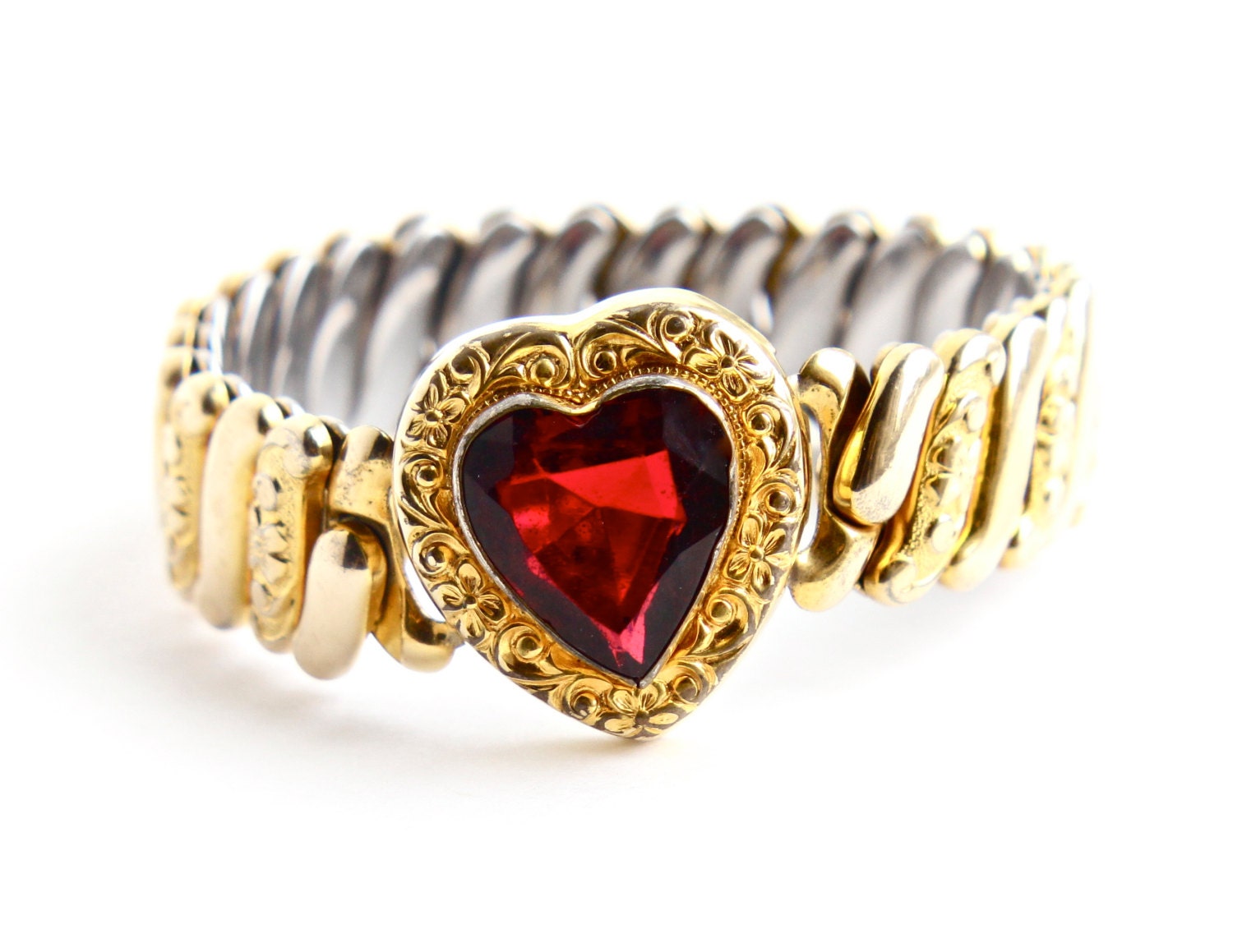 Vintage Red Stone Heart Expansion Bracelet - WWII 1940s Gold Filled Ruby Rhinestone Bracelet Signed Marvel Jewelry / Sweetheart Love