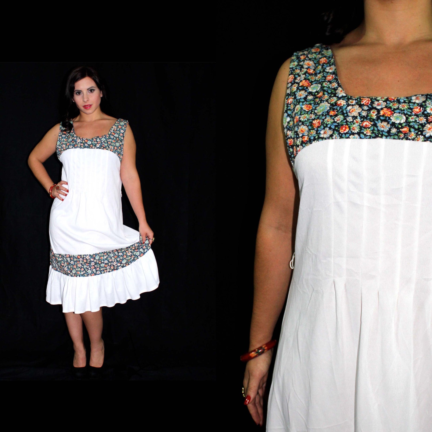 SALE - Vintage 1970s White Flower Dress - Size Medium Large 1970s Dress / Floral Ruffles
