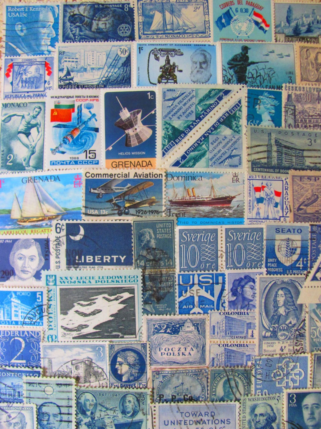 Shades of Blue 100 Vintage Assorted US Worldwide Postage Stamps Turquoise Marine Teal Navy Philately 2