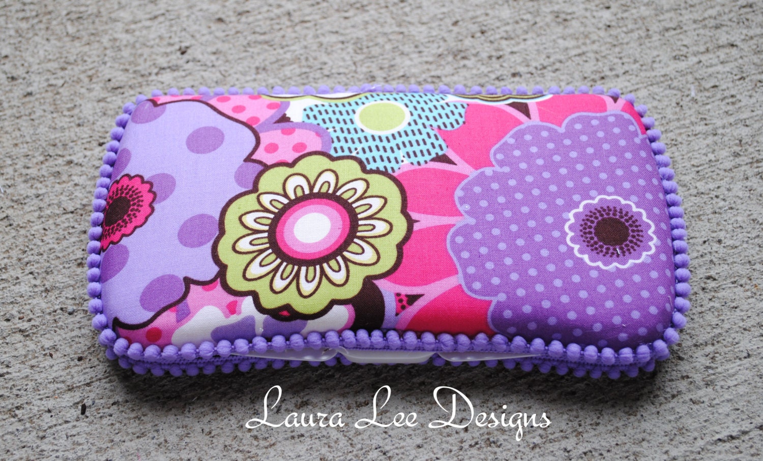 Wild Flowers in Purple with Mini Pom Boutique Style Travel Baby Wipe Case READY TO SHIP
