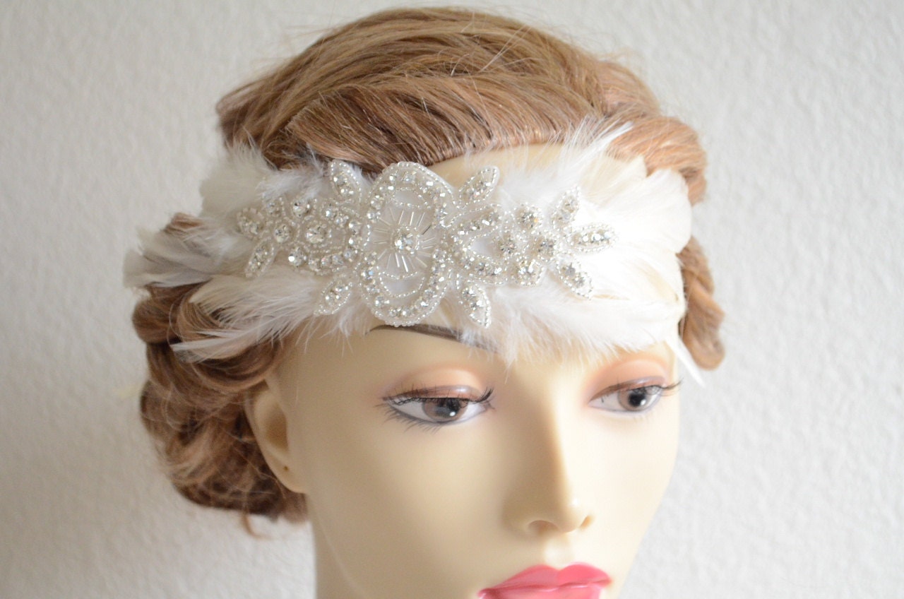 BEST SELLER,Flapper 1920's,1930's, Feather Rhinestone Flapper headband, Vintage headpiece, Ivory, white,champagne,Flapper Style, Style C030
