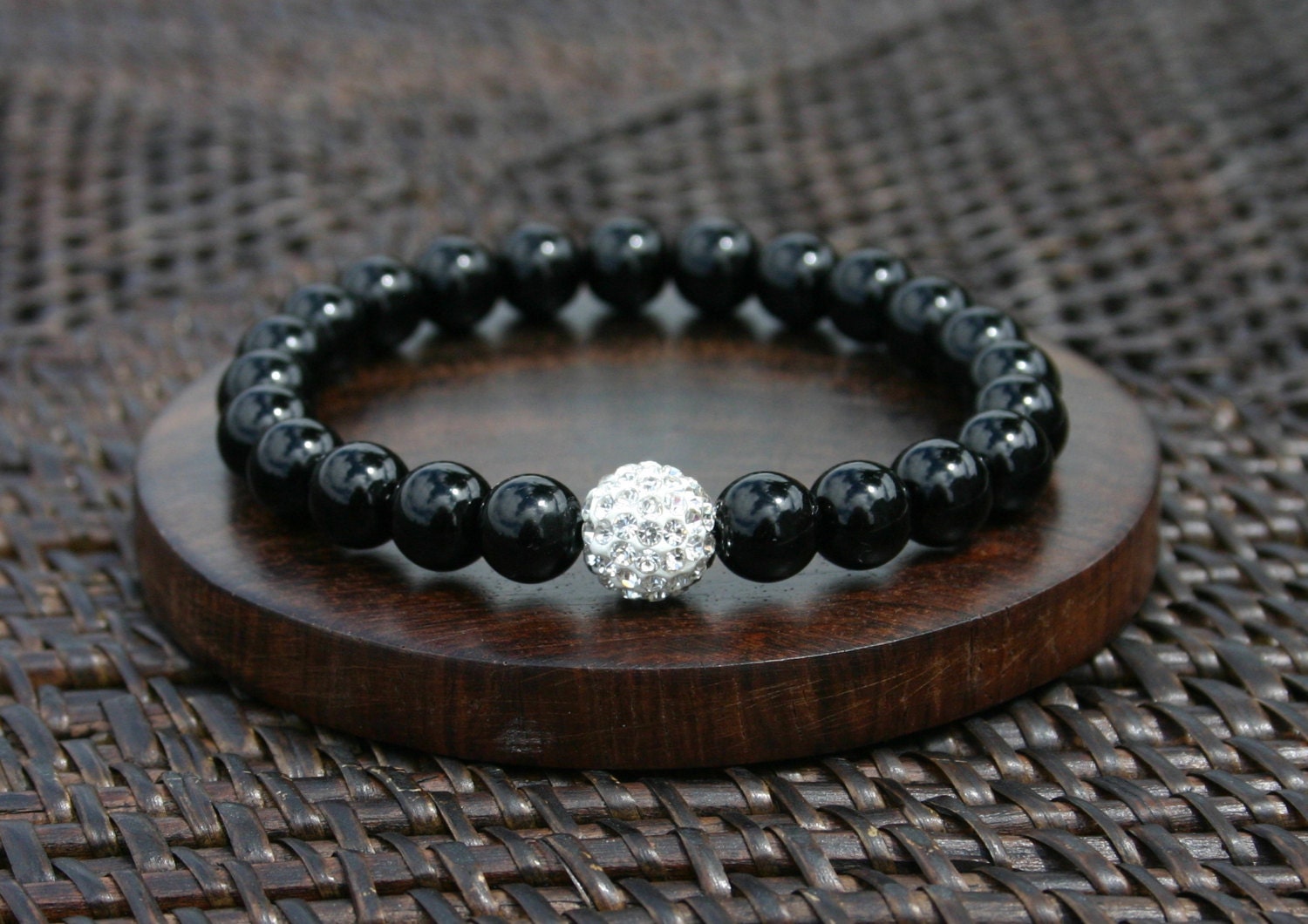 Black Obsidian and White Crystal Pave Energy Bracelet