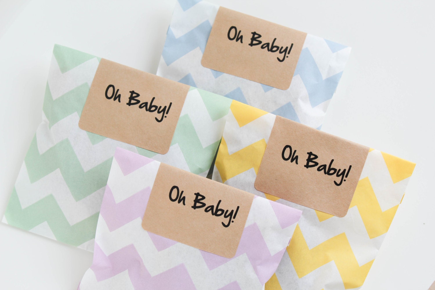 Oh Baby Chevron Baby Shower Favors - Fleur de Sel Caramels in Chevron Blue, Pink, Yellow or Green Bags - 25 Guests