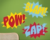 Three-Color Superhero Wall Decals - Comic Book Sound Effects Word Bursts Blam Zap Pow, Super Hero Decal, Super Hero Wall Decor