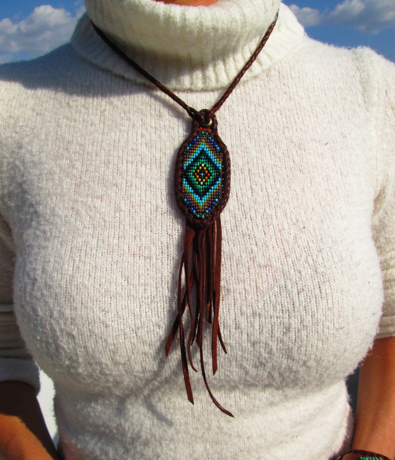 OOAK Native American Huichol Inspired Beaded Pendant on Brown Leather Necklace