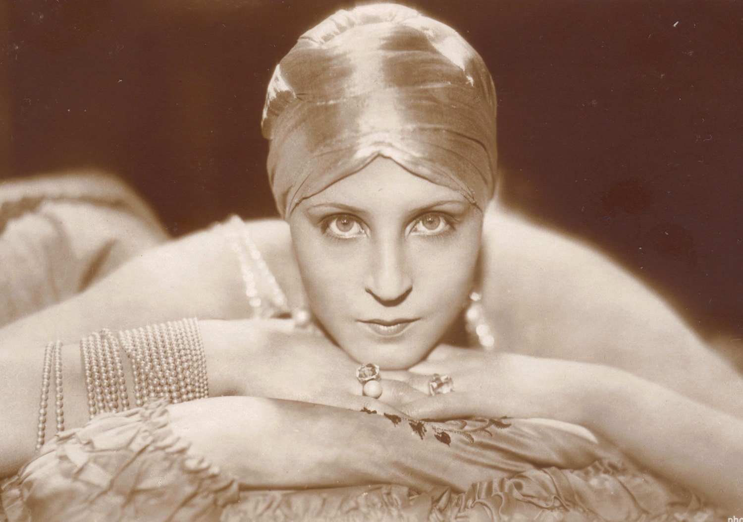 Brigitte Helm, Silent Movie Star of Metropolis, in a Silken Turban and Beads, circa 1920s