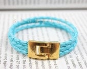 turquoise leather cuff bracelet, gold plated cuff clasp with braid leather TS106
