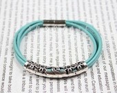 Turquoise leather bracelet with antique silver tube crafts charm TS134