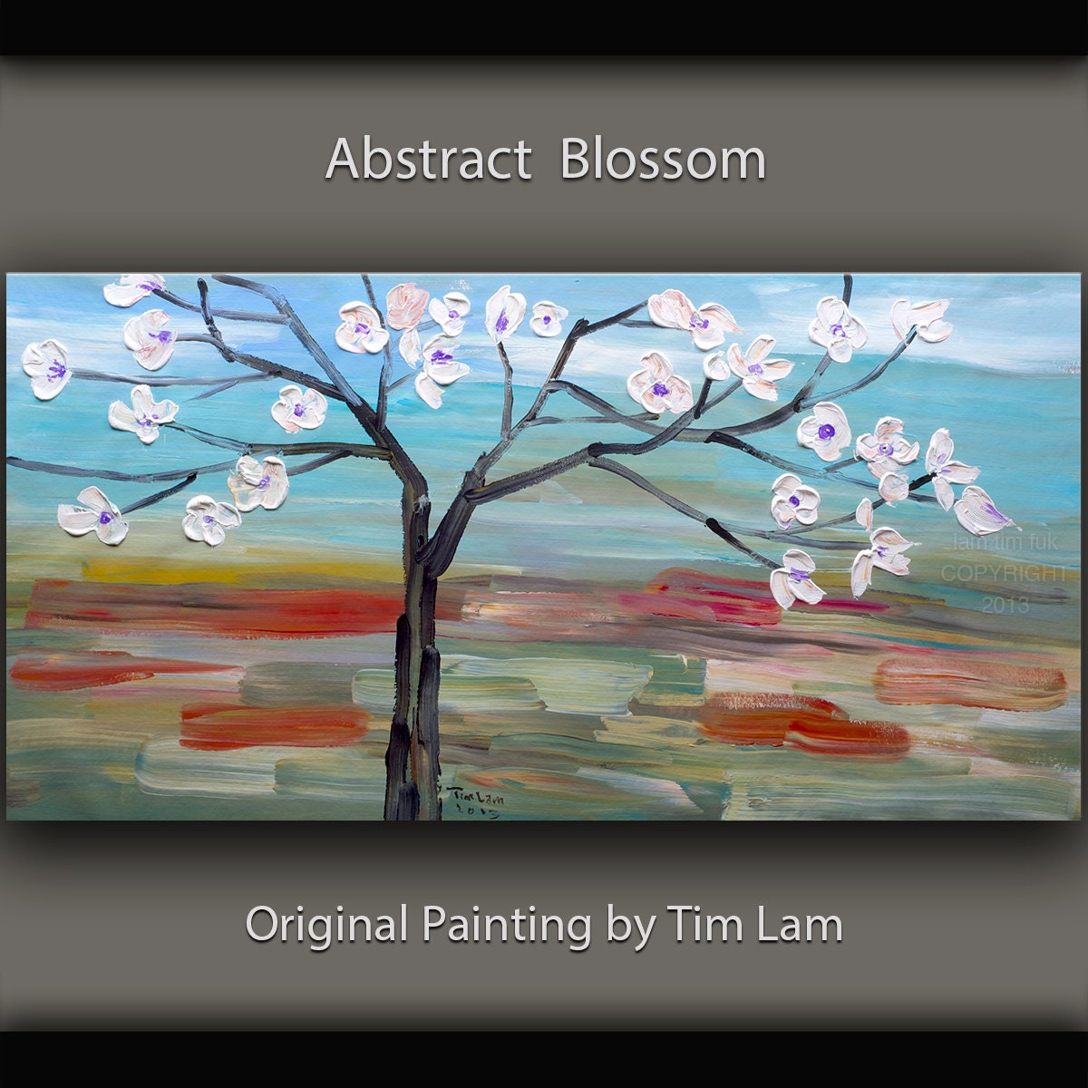 Original large Tree art Surreal painting Blossom palette knife Impasto acrylic texture landscape painting Modern deco by tim lam 48x24