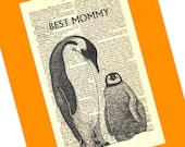 Best Mommy Penguins Personalized Art Print on Antique 1896 Dictionary Book Page