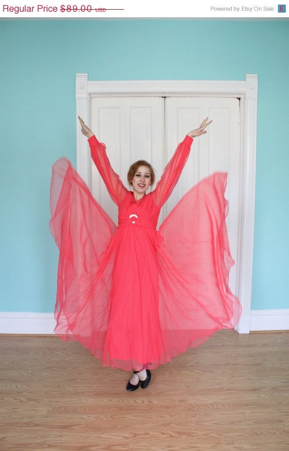 Sale Dress Gown 1970s Vintage 70s  HOT PINK  Sheer Evening Gown M Medium Full Sleeves